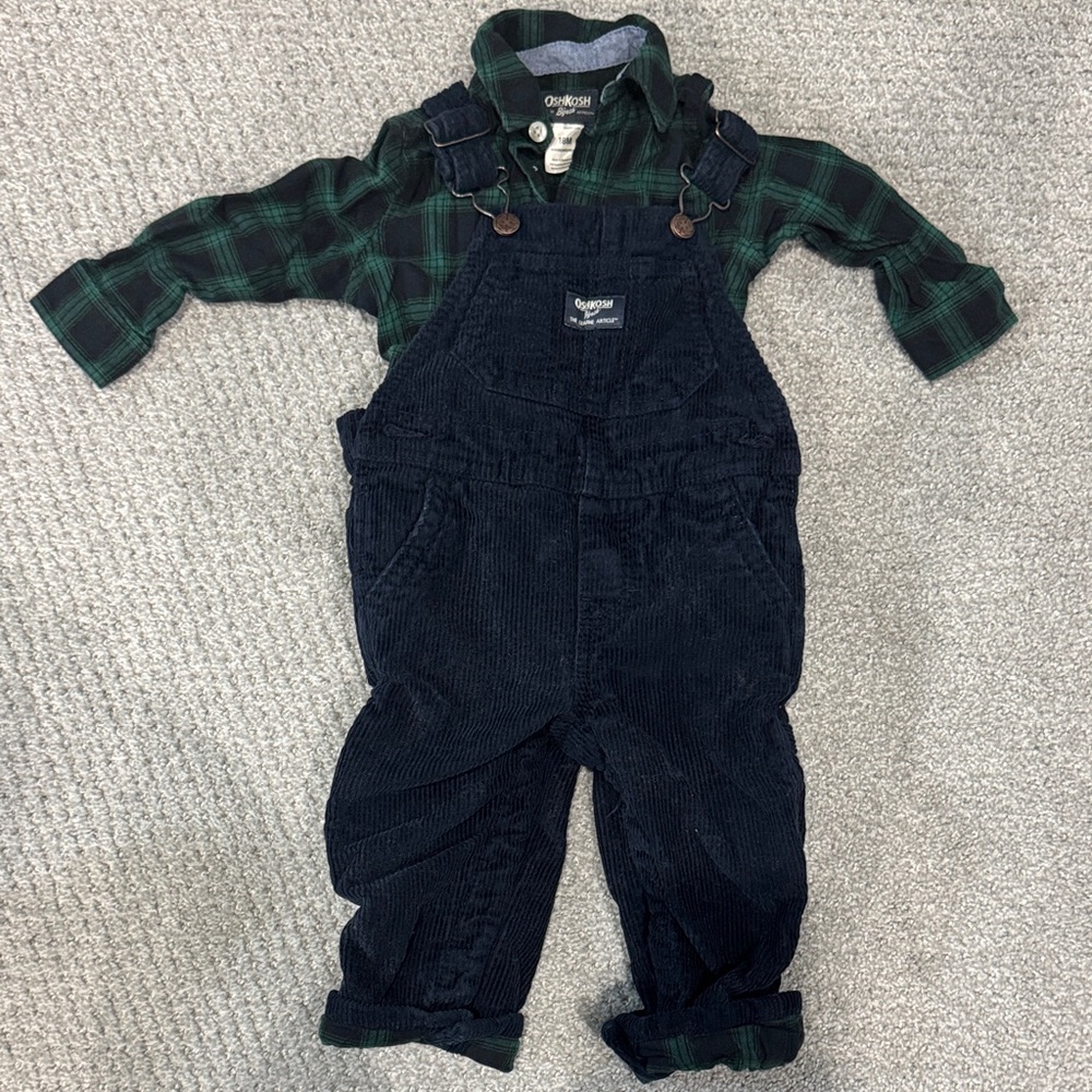 OshKosh B'gosh Green Plaid Shirt with Navy Overalls